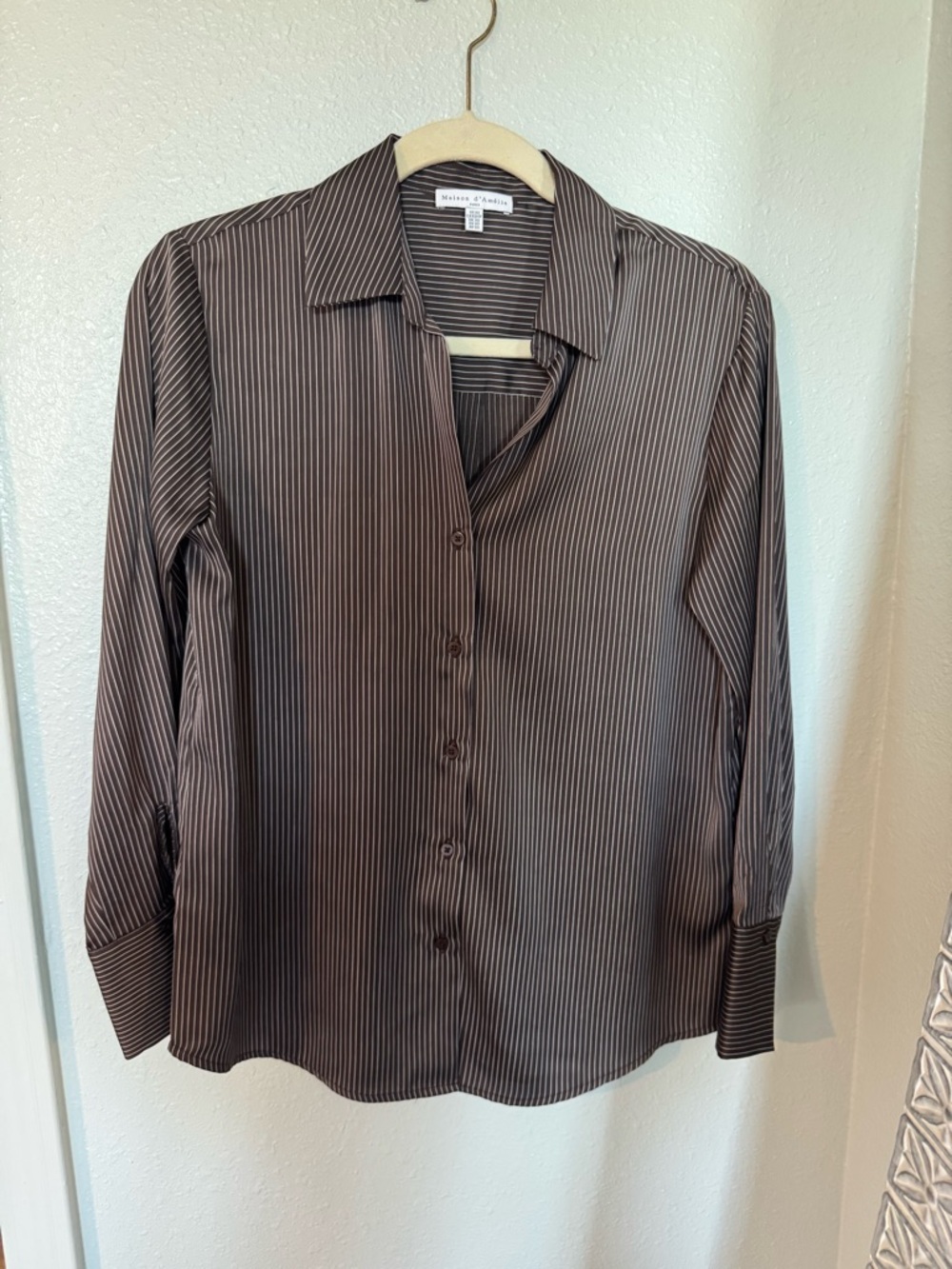 Maison D’Amelie Brown and Cream Vertical-Stripe Satin Button Front Shirt